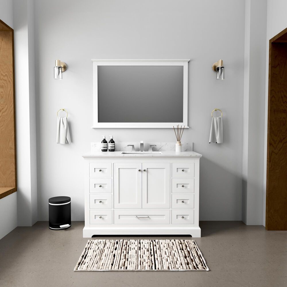 Lexora Home Dukes 48" Single Bathroom Vanity in White with 2 cm White Carrara Marble Top and Rectangular Sink, , large