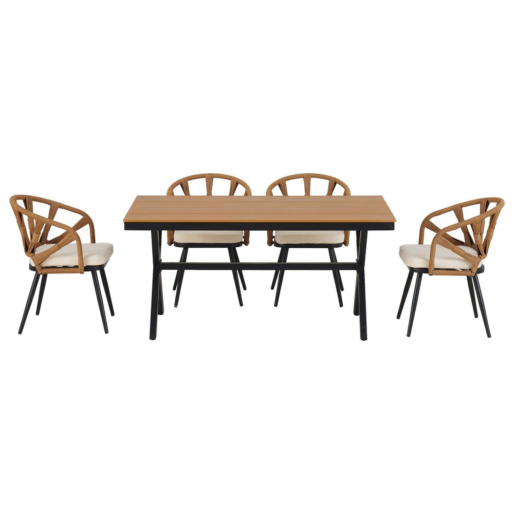 Hearth and Haven 5-Piece Outdoor Dining Set with Dark Yellow Rattan Chairs and Plastic Wood Table in Beige, , large