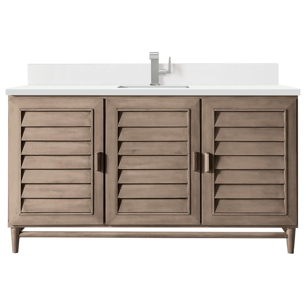 James Martin Vanities Portland 60" Single Bathroom Vanity in Whitewashed Walnut with Single Hole 3 cm White Zeus Quartz Top and Rectangular Sink, , large
