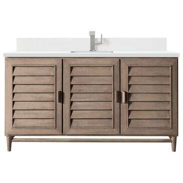 James Martin Vanities Portland 60" Single Bathroom Vanity in Whitewashed Walnut with Single Hole 3 cm White Zeus Quartz Top and Rectangular Sink, , large