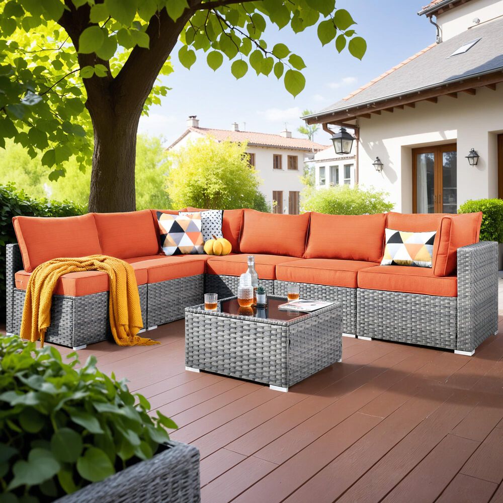 HOMLUX 7-Piece Patio Conversation Set with Grey Wicker in Orange Red, , large