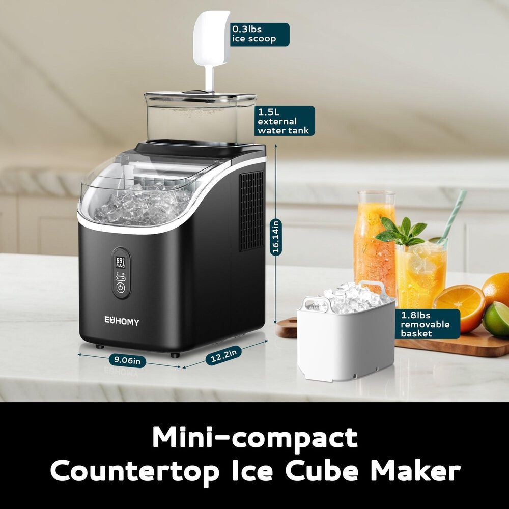 Euhomy 34 Lbs Portable Cube Ice Maker with External Water Tank in Black, , large