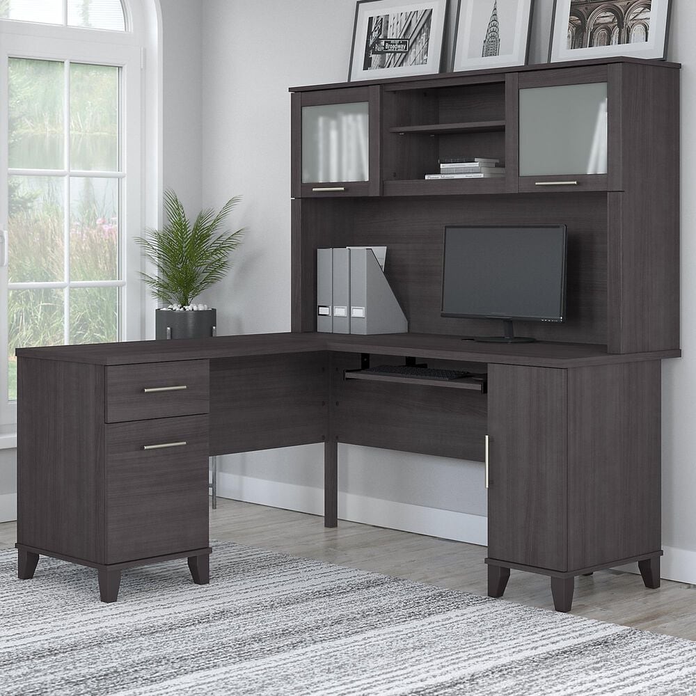 Bush Somerset 60" L-Shaped Desk with Hutch in Storm Gray, , large
