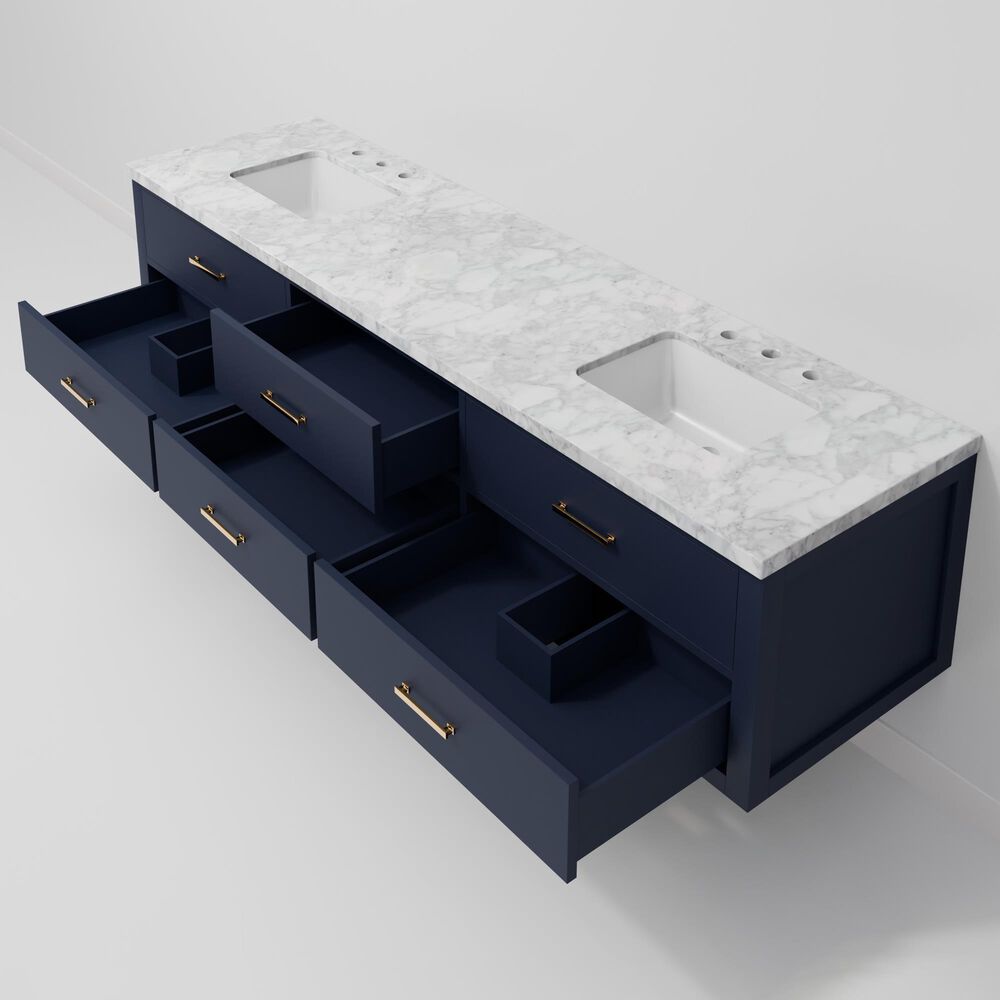 Lexora Home Castor 84" Double Bathroom Vanity in Blue with 2 cm White Carrara Marble Top and Rectangular Sinks, , large