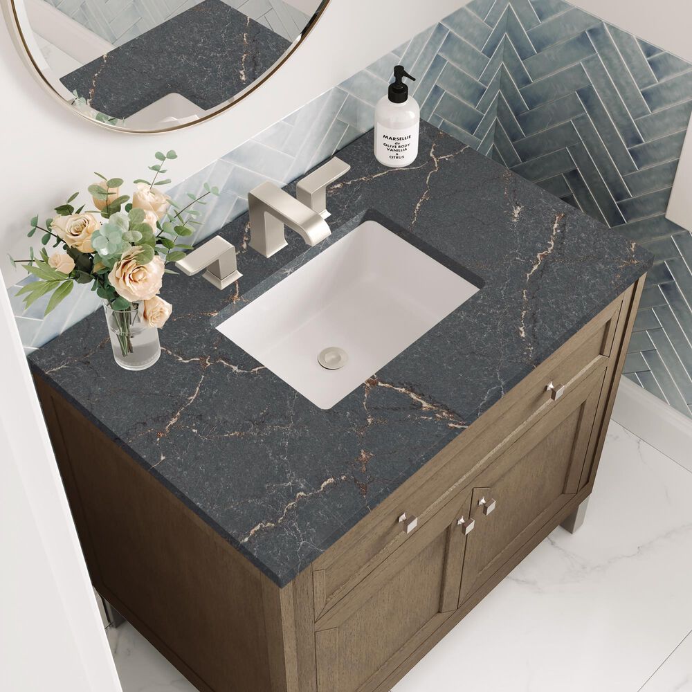 James Martin Vanities Chicago 36&quot; Single Bathroom Vanity in Whitewashed Walnut with 3 cm Parisien Bleu Quartz Top and Rectangular Sink, , large