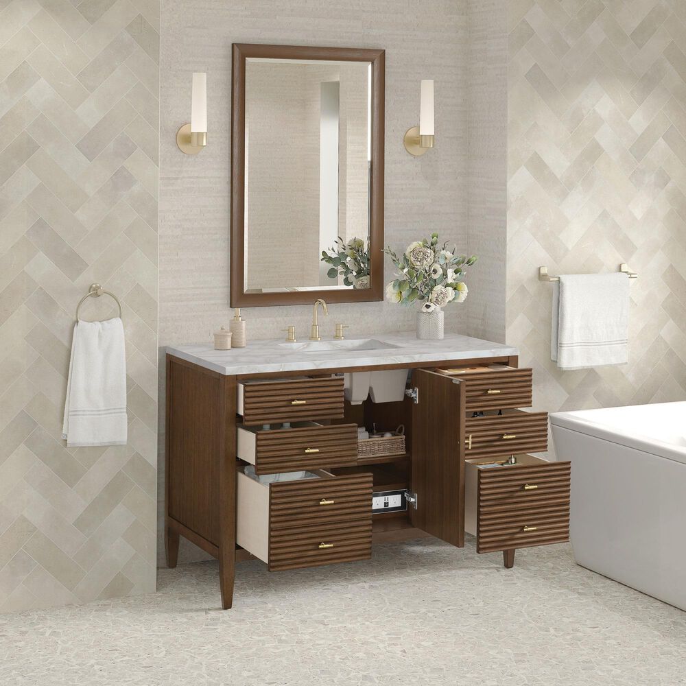 James Martin Vanities Myrrin 48" Single Bathroom Vanity in Mid-Century Walnut with 3 cm Eternal Jasmine Pearl Silestone Top, Rectangular Sink and FreePower Wireless Charger, , large