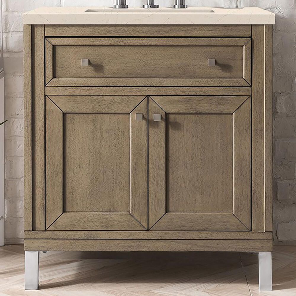 James Martin Vanities Chicago 30&quot; Single Bathroom Vanity in Whitewashed Walnut with 3 cm Eternal Marfil Quartz Top and Rectangular Sink, , large