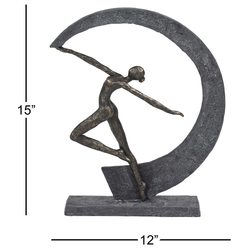Maple and Jade 15&quot; x 12&quot; Resin Dancer and Crescent Moon Shaped Sculpture in Dark Gray and Gold, , large