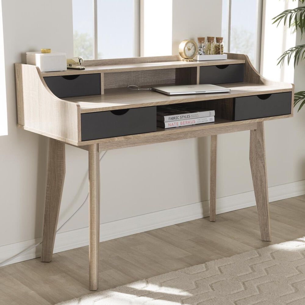 Baxton Studio Fella 4-Drawer Study Desk in Light Brown/Gray, , large