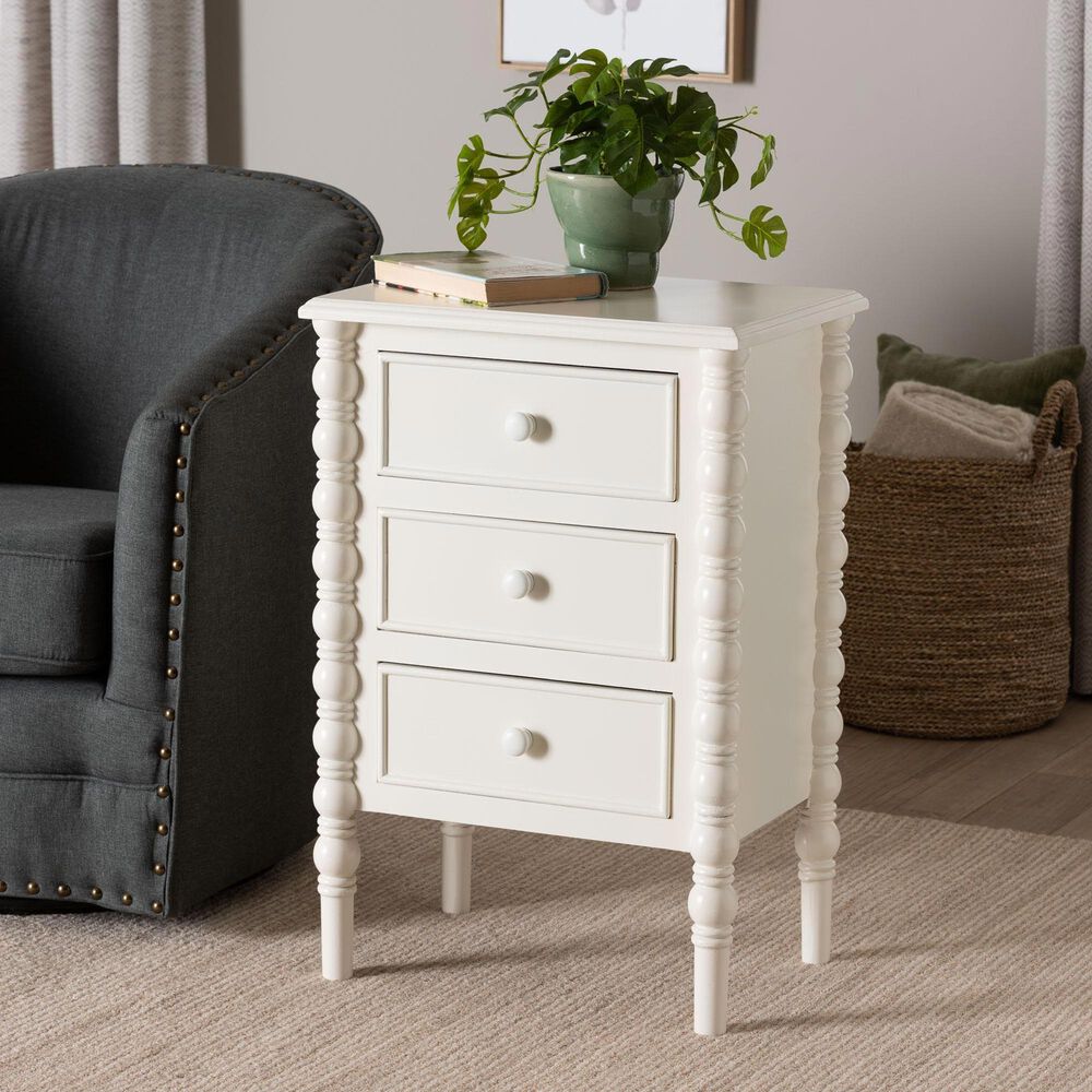 Baxton Studio Malinda 3-Drawer End Table with Spindle Legs in White, , large