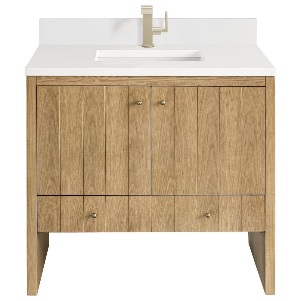 James Martin Vanities Hudson 36" Single Bathroom Vanity in Light Natural Oak with Single Hole 3 cm White Zeus Quartz Top and Rectangular Sink, , large