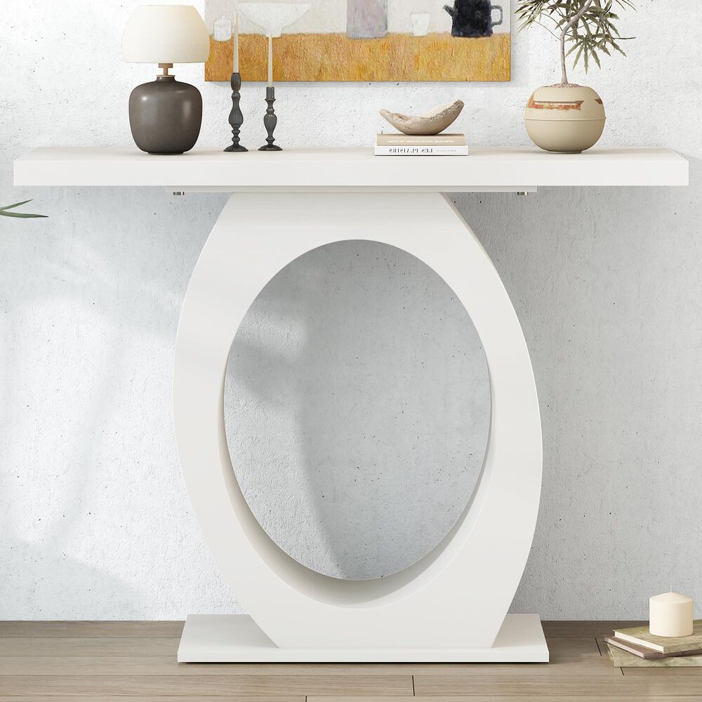 Hearth and Haven Mirod Console Table with Egg-Shaped Base in Beige, , large