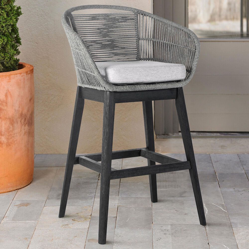 Armen Living Tutti Frutti Patio Bar Stool with Light Gray Cushion in Black, , large