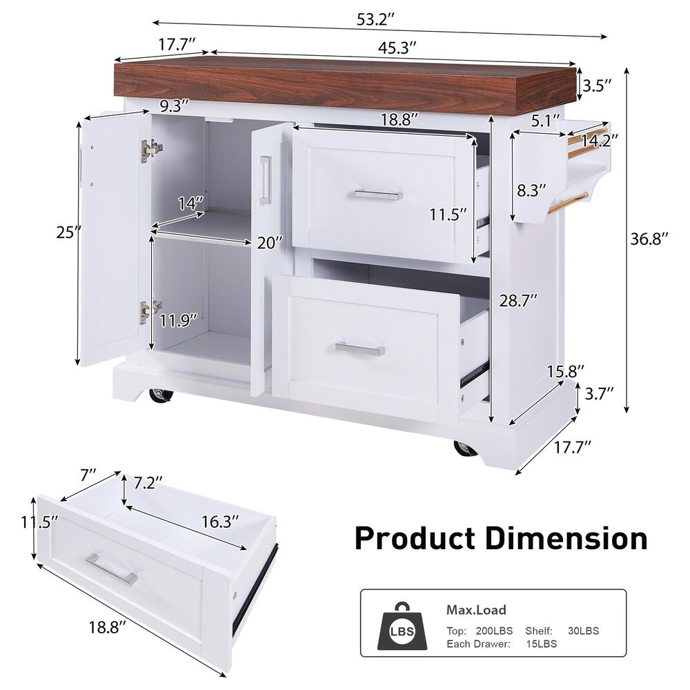 HOMLUX 53" Large Kitchen Island with 3.5" Thick Desktop in White, , large