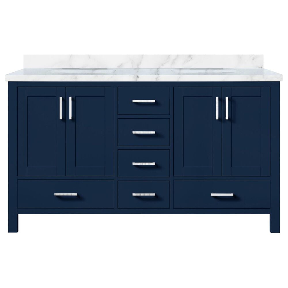 Lexora Home Jacques 60" Double Bathroom Vanity in Navy Blue with 2 cm White Carrara Marble Top and Rectangular Sinks, , large