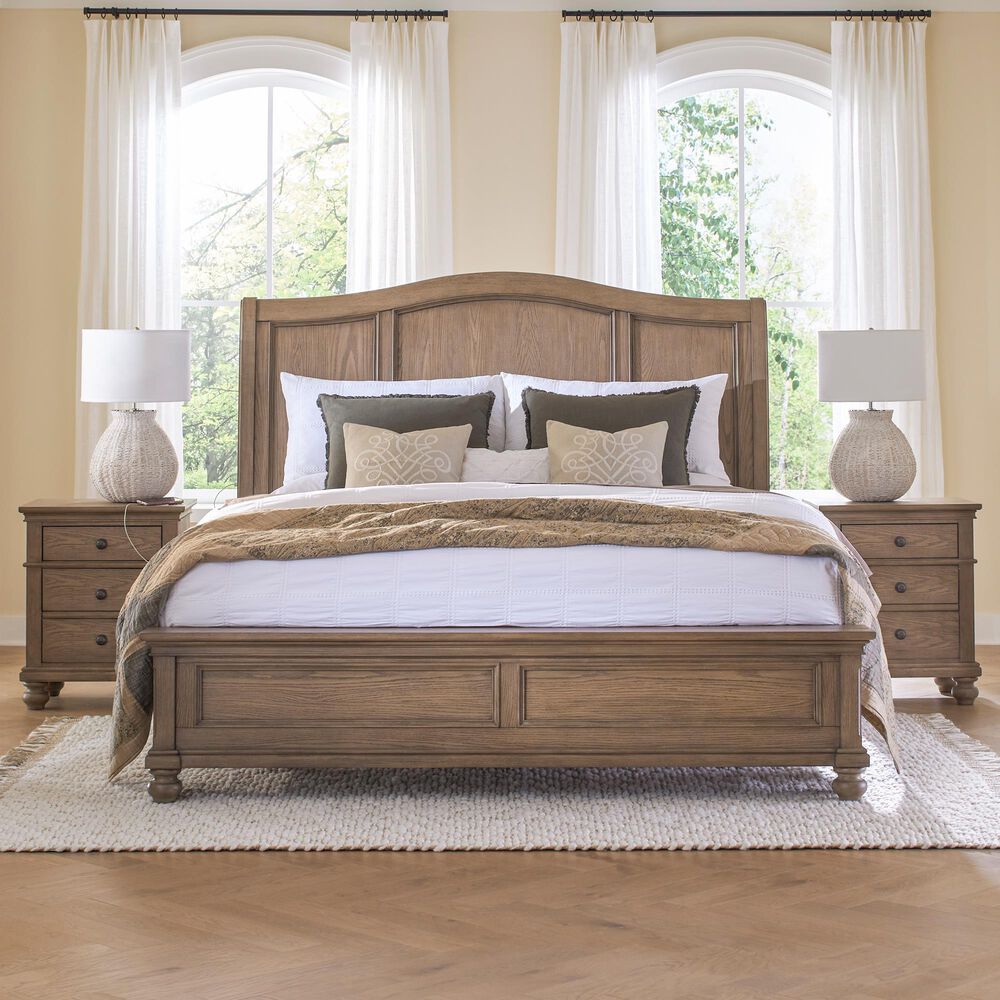 Riva Ridge Oxford King Sleigh Bed with Two Nightstands in Tan with USB Ports, , large