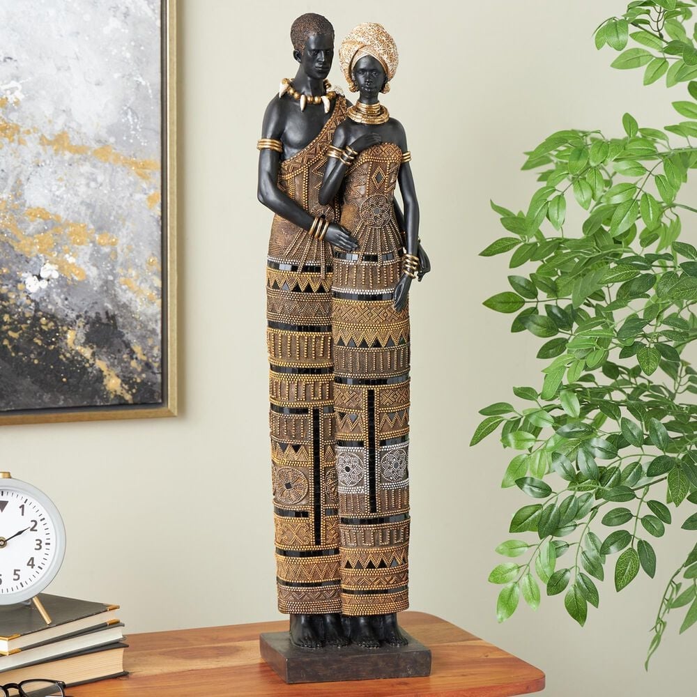 Maple and Jade Family Tall African Decorative Sculpture with Jewels in Matte Black, Gold, Copper, Bronze and White, , large