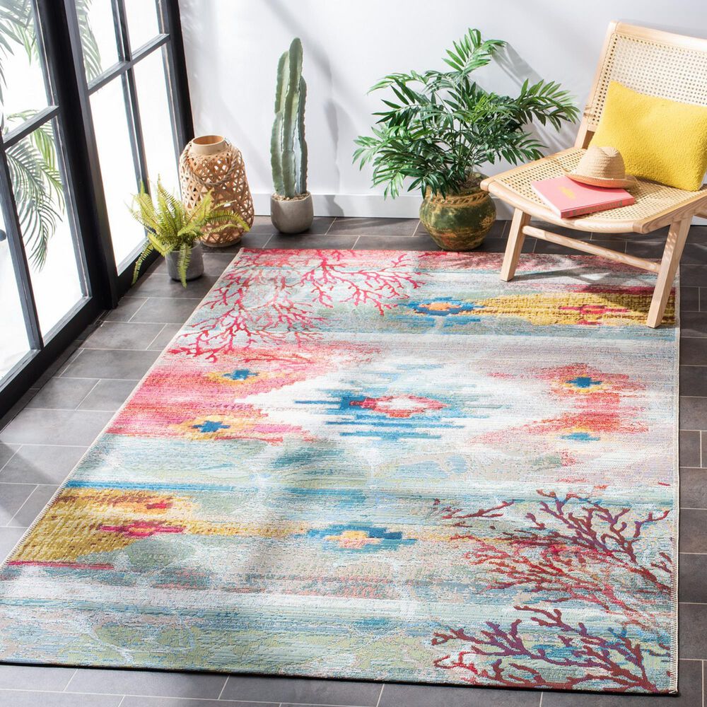 Safavieh Barbados Tropical Abstract 3&#39;3&quot; x 5&#39;  Light Blue and Pink Indoor/Outdoor Area Rug, , large