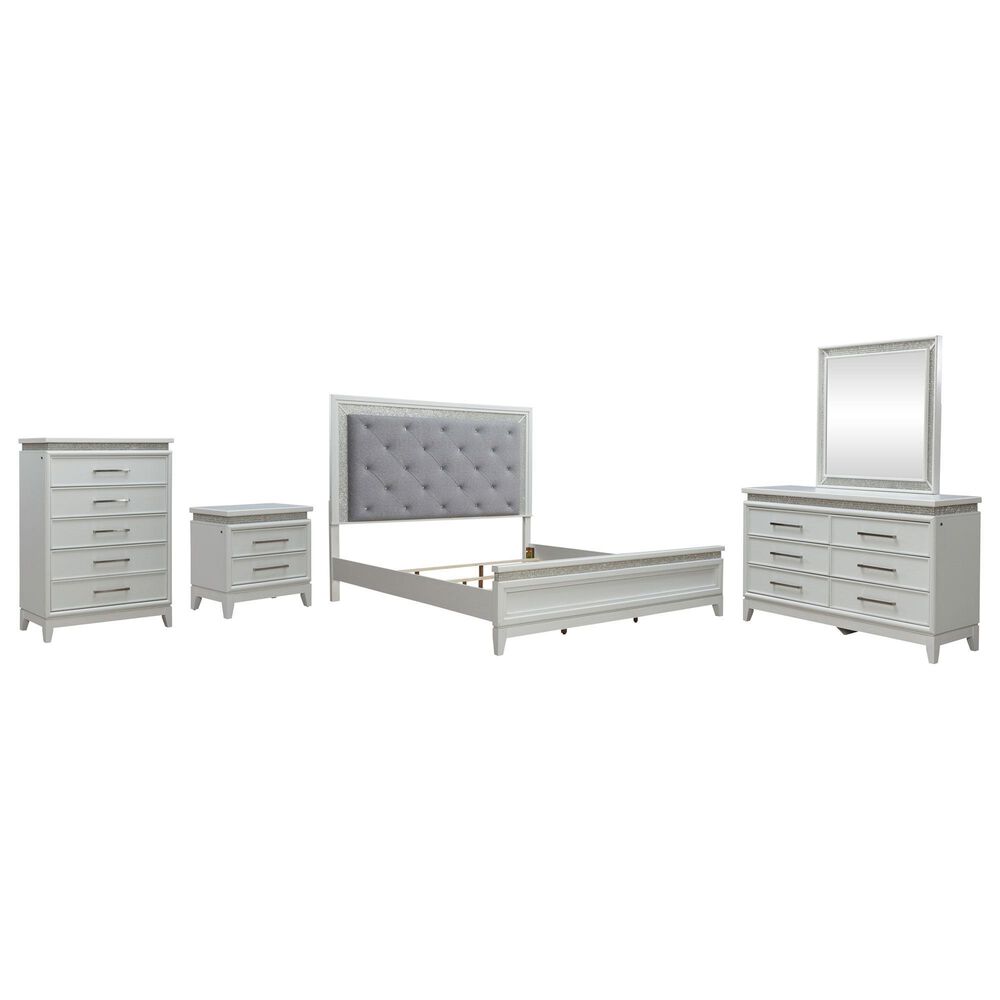 Belle Furnishings Reflections 5-Piece King Upholstered Bedroom Set in Pearl White and Rhinestone, , large