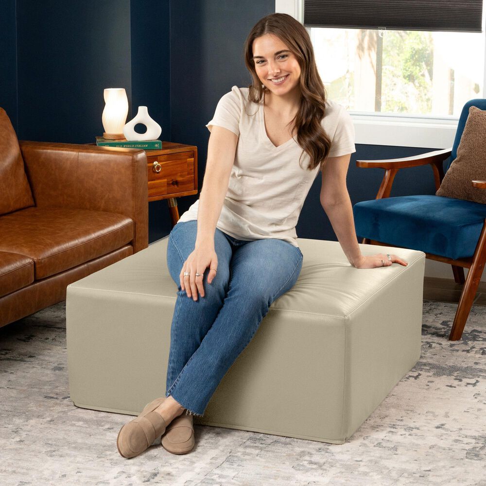 Jaxx Fairlie Faux Leather Ottoman in Natural Beige, , large