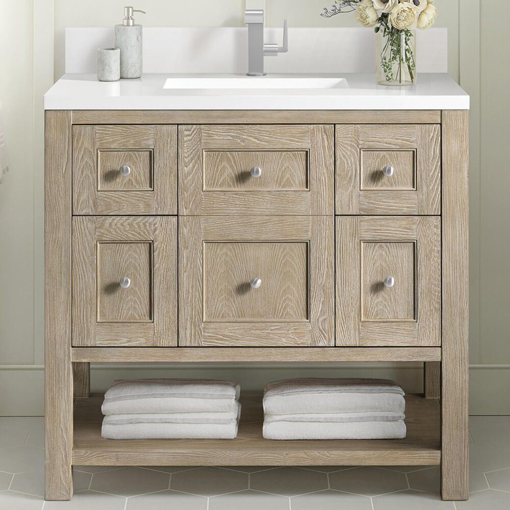 James Martin Vanities Breckenridge 36&quot; Single Vanity in Whitewashed Oak with Single Hole 3 cm White Zeus Quartz Top &amp; Backsplash, , large