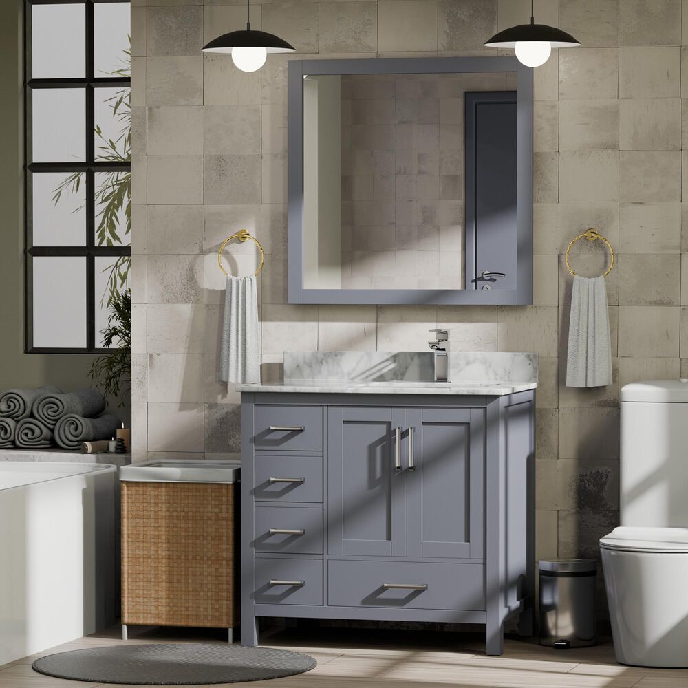 Lexora Home Jacques 36&quot; Right Offset Single Bathroom Vanity in Dark Grey with 2 cm White Carrara Marble Top and Rectangular Sink, , large