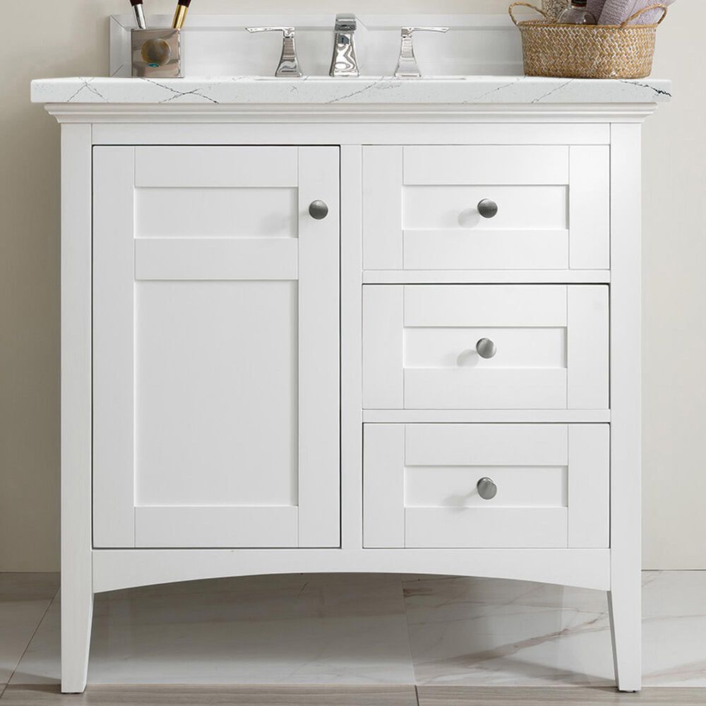 James Martin Vanities Palisades 36&quot; Single Bathroom Vanity in Bright White with 3 cm Ethereal Noctis Quartz Top and Rectangular Sink, , large