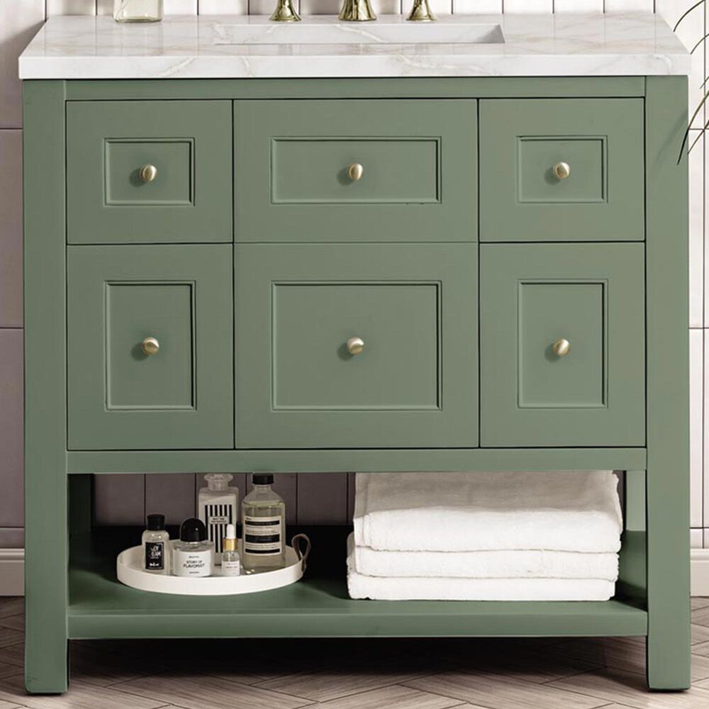James Martin Vanities Breckenridge 36&quot; Single Bathroom Vanity in Smokey Celadon with 3 cm Victorian Silver Quartz Top and Rectangular Sink, , large