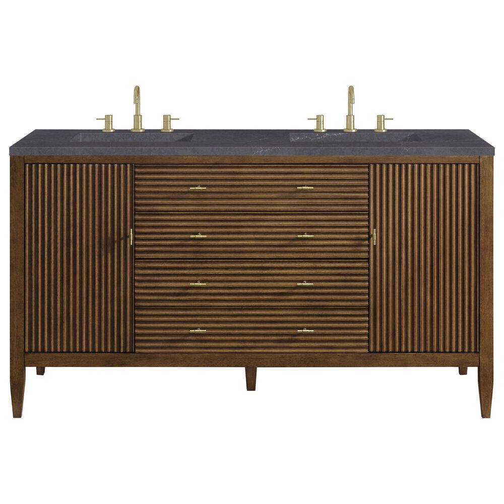 James Martin Vanities Myrrin 60" Double Vanity in Mid Century Walnut with 3 cm Charcoal Soapstone Quartz Top, , large