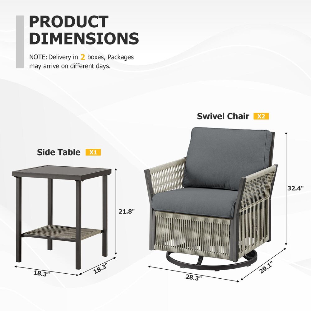 Sunwell Garden Swivel Chair Table Set in Dark Grey (Set of 3), , large