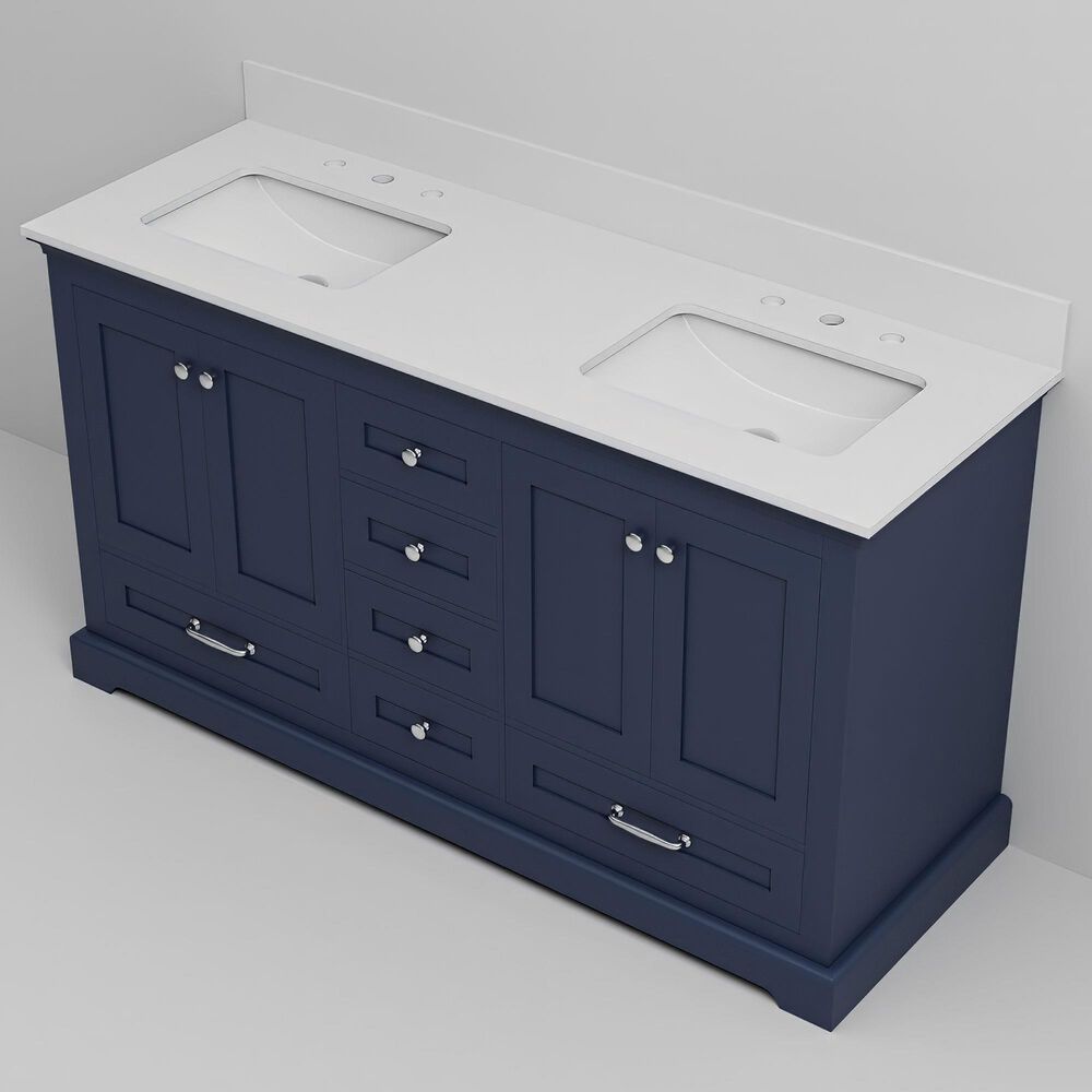 Lexora Home Dukes 60" Double Bathroom Vanity in Navy Blue with 2 cm White Cultured Marble Top and Rectangular Sinks, , large