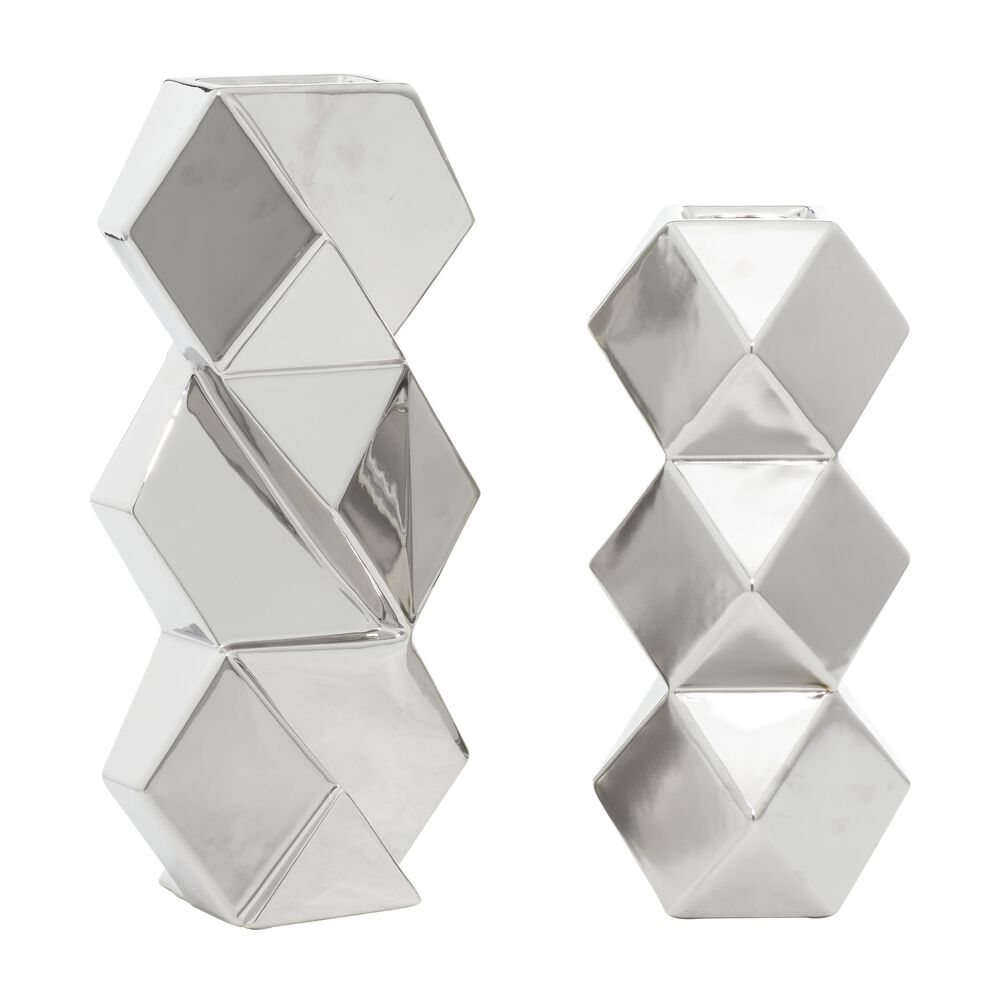CosmoLiving by Cosmopolitan Contemporary Ceramic Vases in Silver (Set of 2), , large
