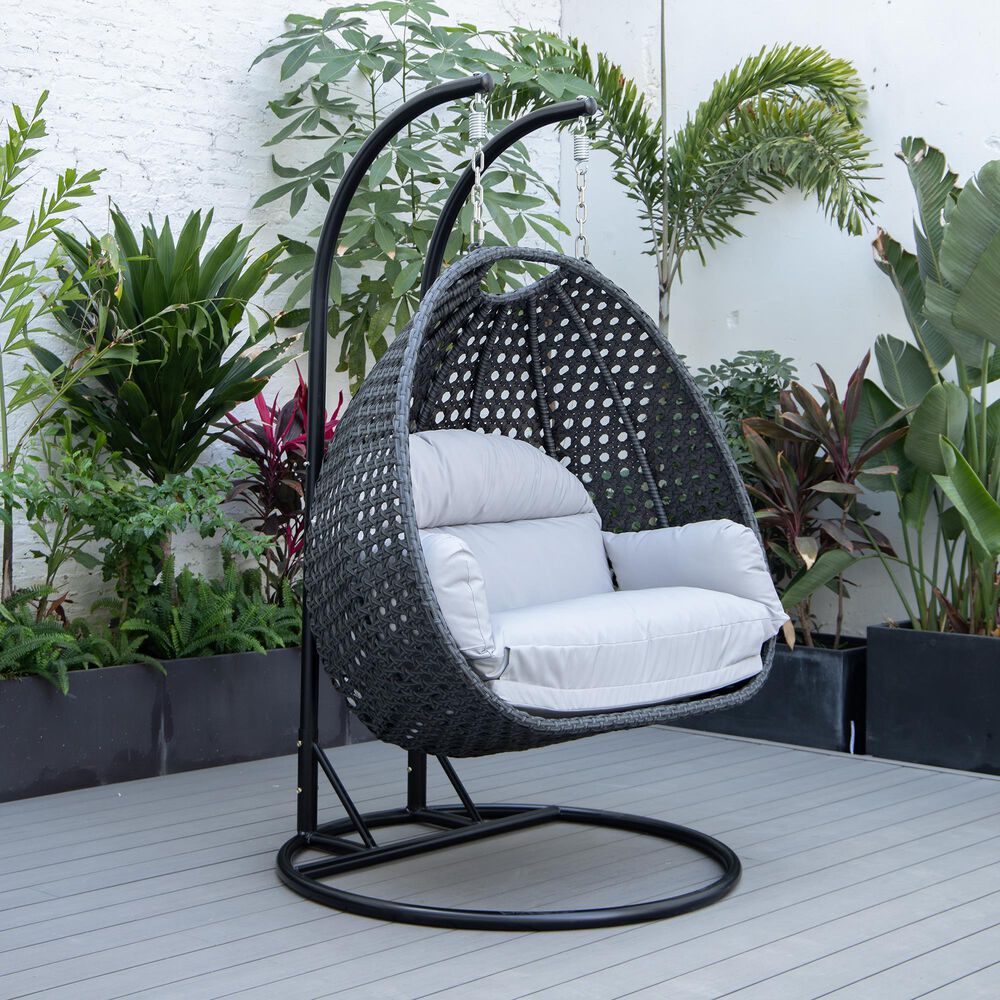 Leisuremod Mendoza Patio 2-Seat Hanging Egg Swing Chair with Light Grey Cushion in Charcoal, , large