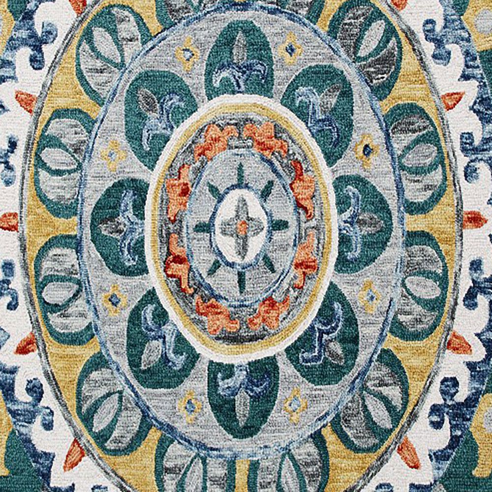 L&amp;R Resources Sinuous Radiant Mandala Medallion 6&#39; Scalloped Teal, Yellow, White and Orange Area Rug, , large