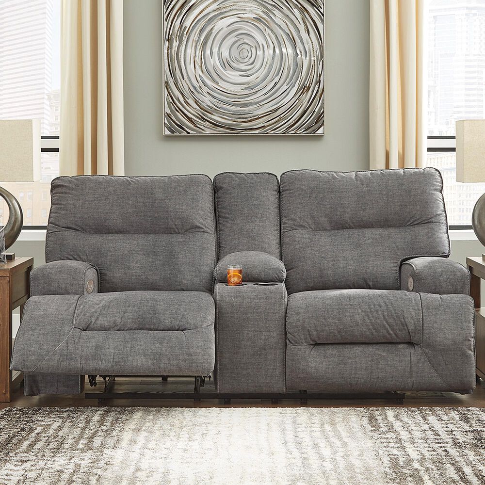 Benchcraft Coombs Double Power Reclining Loveseat with Console in Charcoal, , large