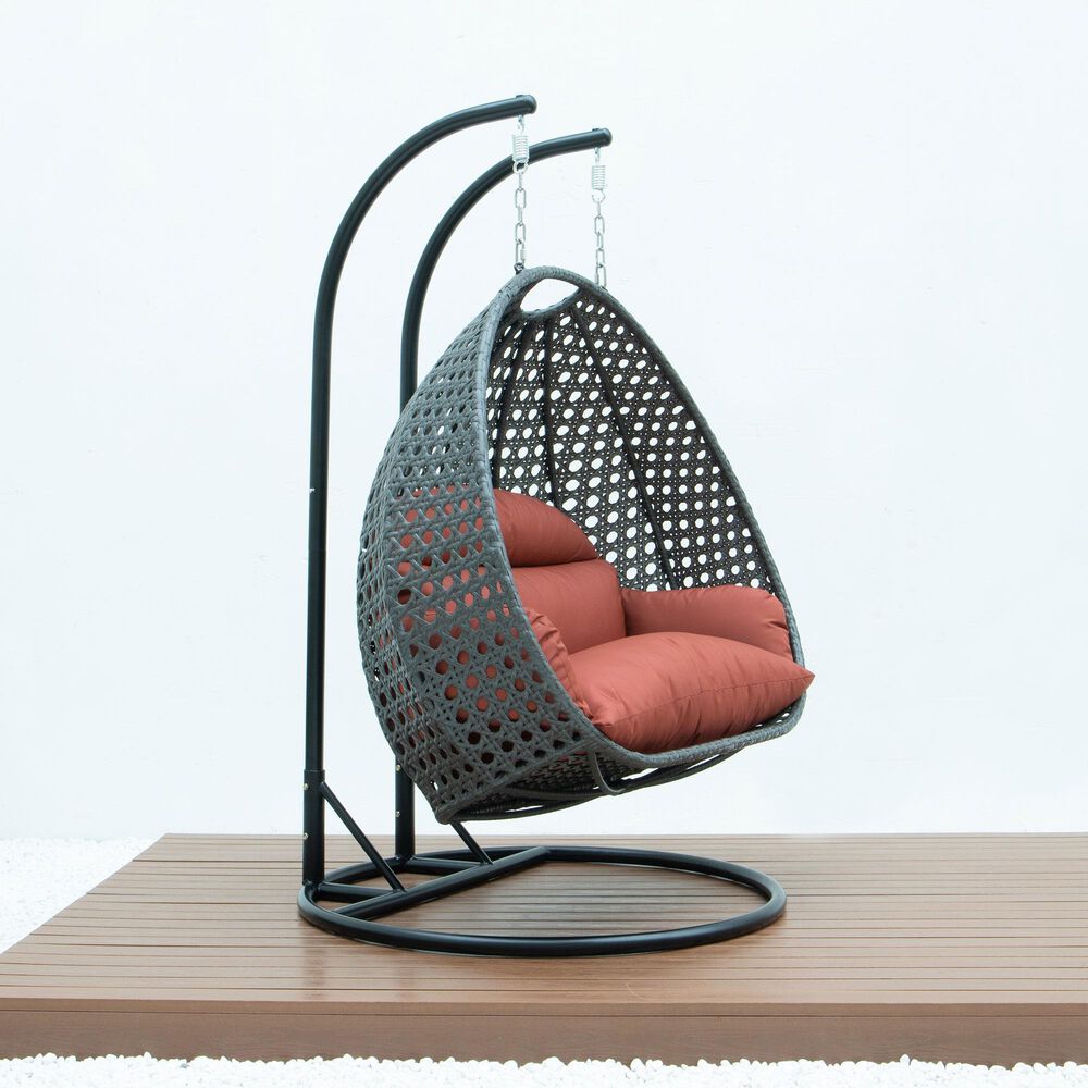 Leisuremod Patio 2-Seat Hanging Egg Swing Chair with Dark Orange Cushion in Charcoal, , large