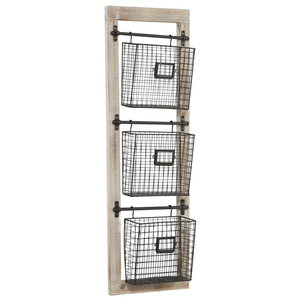 Maple and Jade 3-Slot Decorative Magazine Rack Holder with Suspended Baskets and Label Slot in Matte Black and Brown, , large