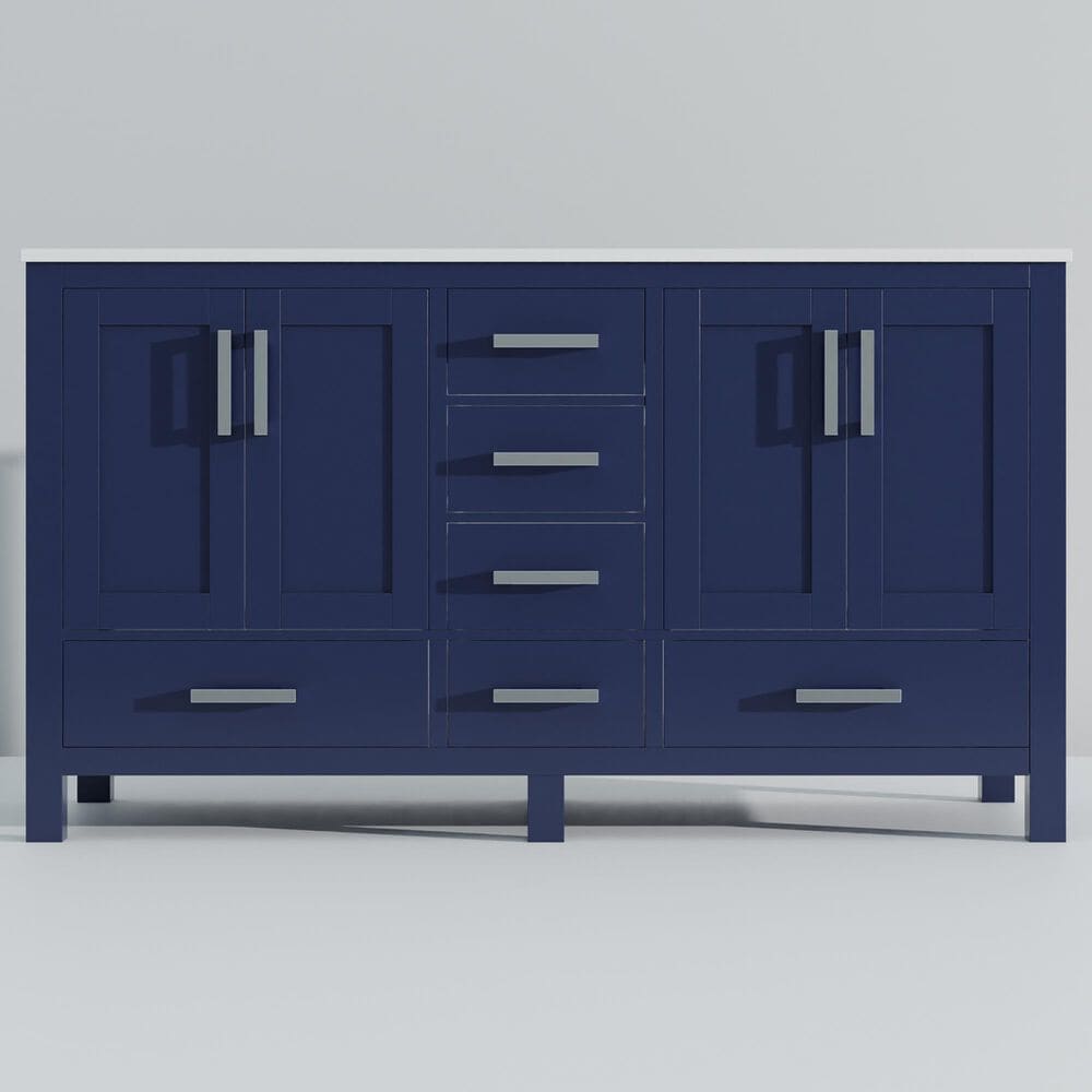 Lexora Home Jacques 60&quot; Double Bathroom Vanity in Navy Blue with 2 cm White Quartz Top and Rectangular Sinks, , large