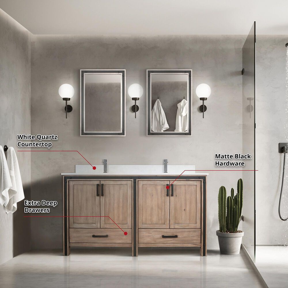 Lexora Home Ziva 60&quot; Double Bathroom Vanity in Rustic Barnwood with 2 cm White Cultured Marble Top and Rectangular Sinks, , large