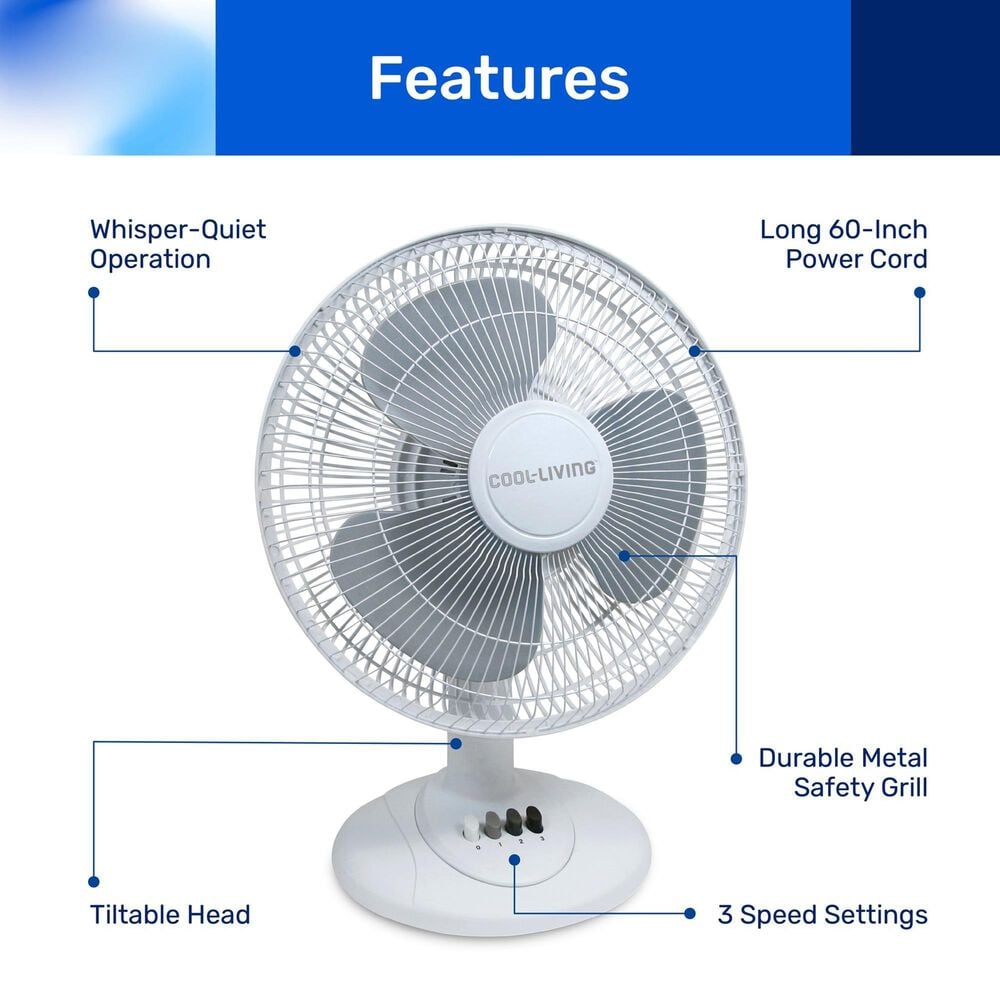 Cool-Living 12&quot; 3-Speed Oscillating Table Fan in White, , large