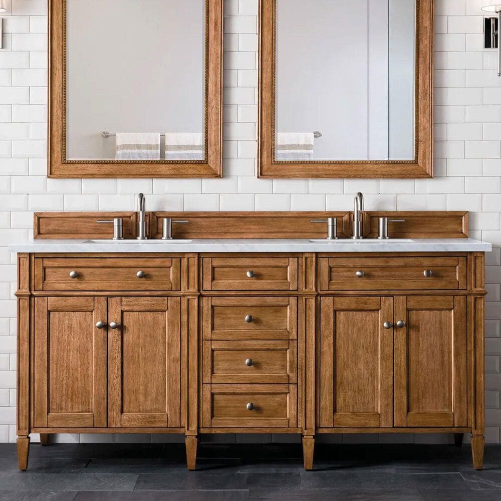 James Martin Vanities Brittany 72" Double Bathroom Vanity in Saddle Brown with 3 cm Carrara White Marble Top and Rectangle Sinks, , large