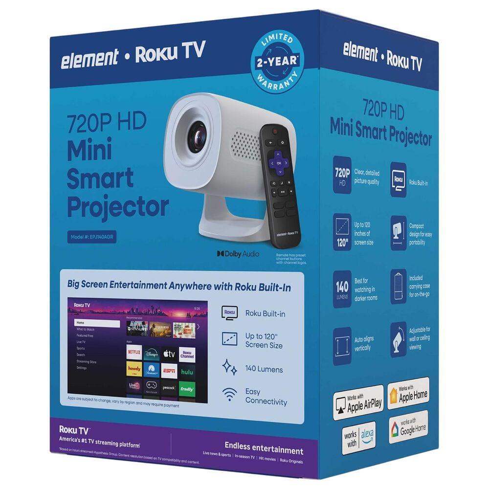 Element Roku 720P HD Mini Smart Projector in White, , large