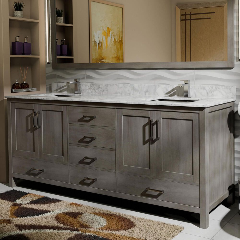 Lexora Home Jacques 72&quot; Double Bathroom Vanity in Distressed Grey with 2 cm White Carrara Marble Top and Rectangular Sinks, , large