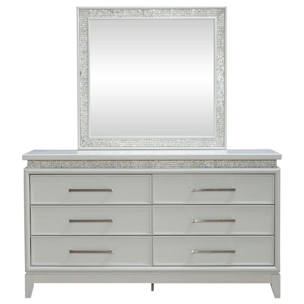 Belle Furnishings Reflections 5-Piece Queen Upholstered Bedroom Set in Pearl White and Rhinestone, , large