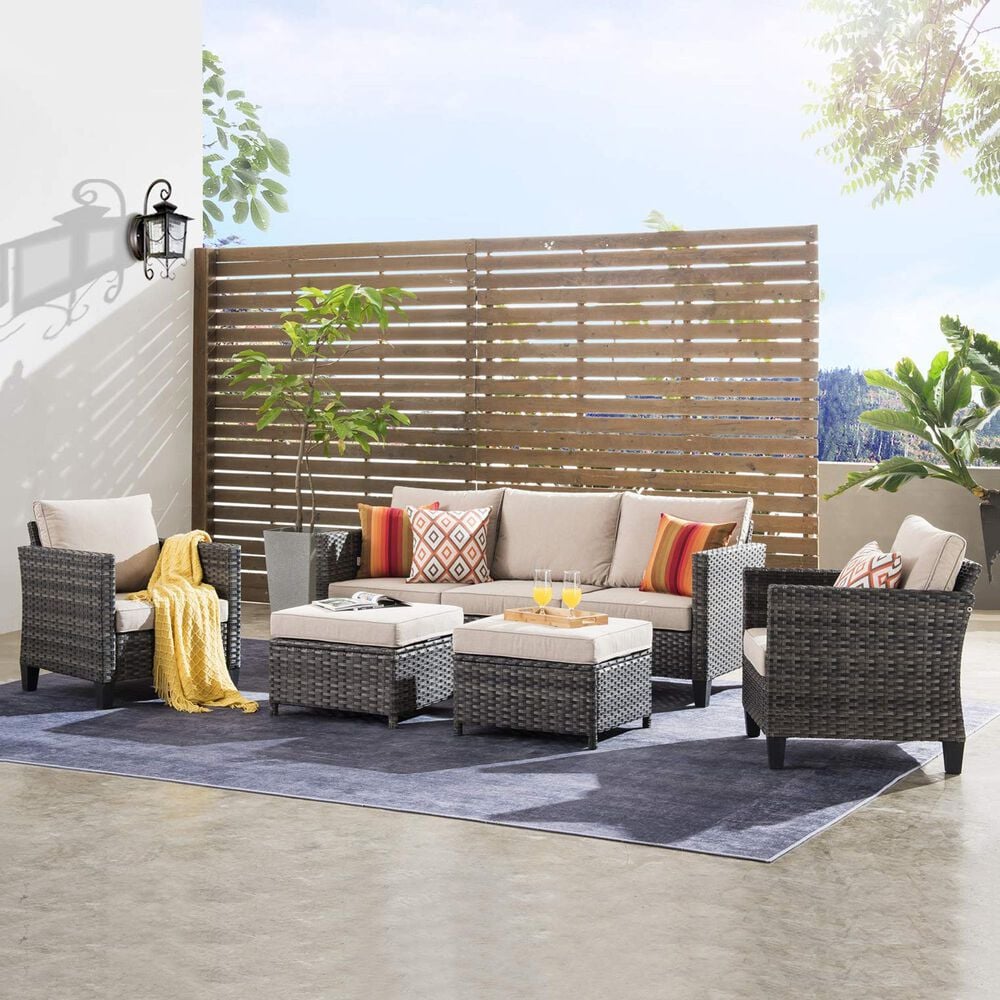 HOMLUX 5-Piece Outdoor Wicker Patio Furniture Set, High Back Rattan Sofa with Chairs, Ottomans &amp; Cushions in Beige, , large