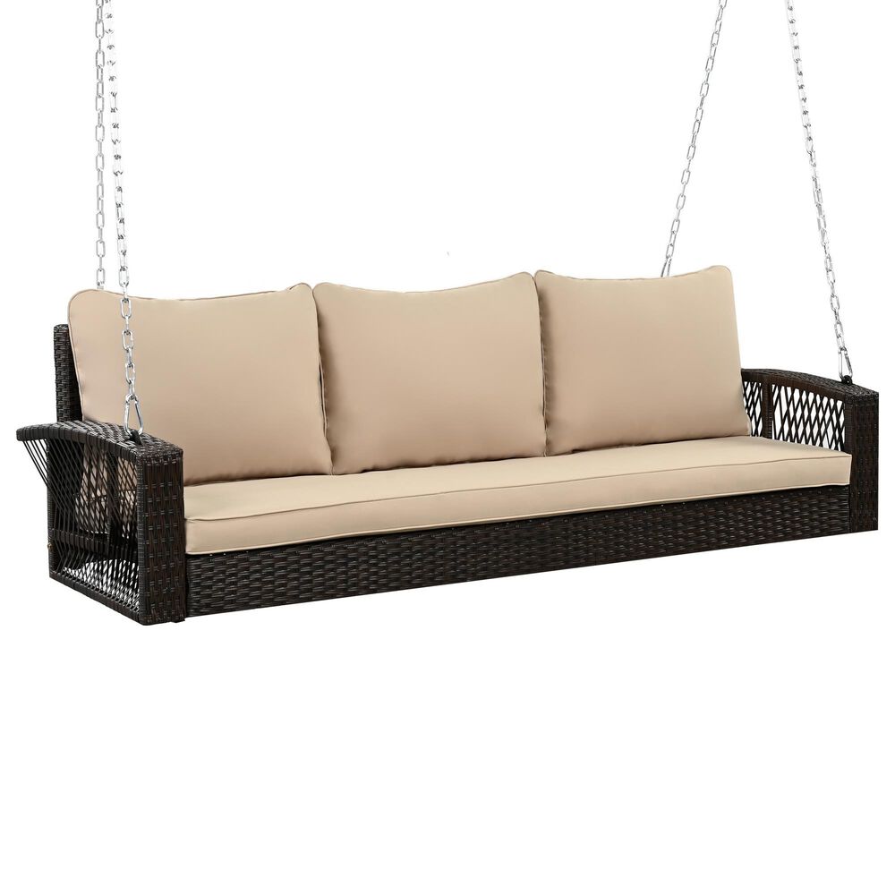 Hearth and Haven Go Outdoor 3-Seater PE Rattan Wicker Porch Swing Bench in Beige, , large