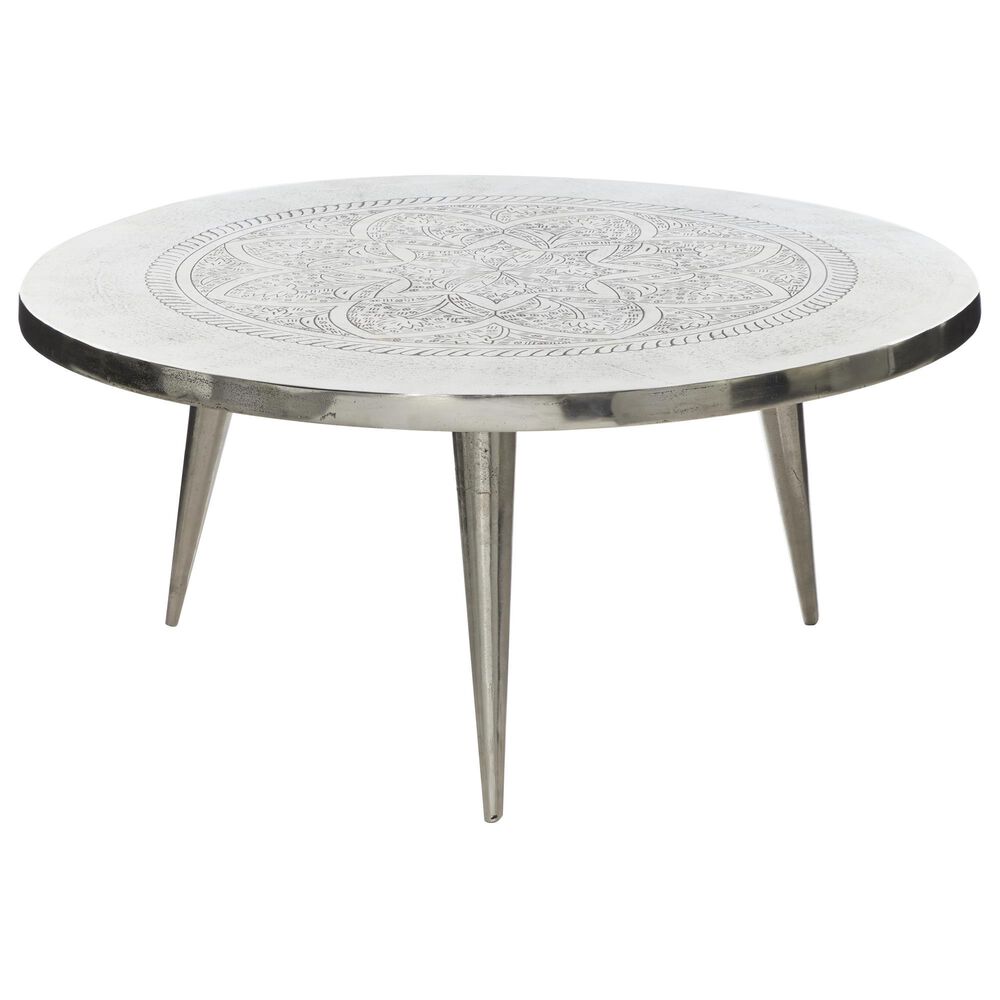 Maple and Jade Engraved Floral Living Room Coffee Table in Satin Silver, , large