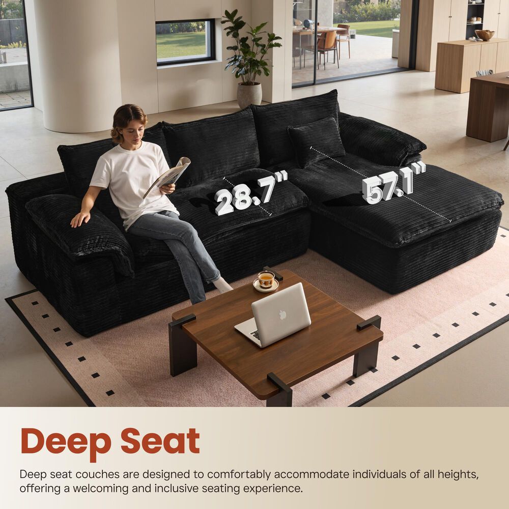 HOMLUX 112" Modern Sectional Sofa with Curved Armrests in Black, , large