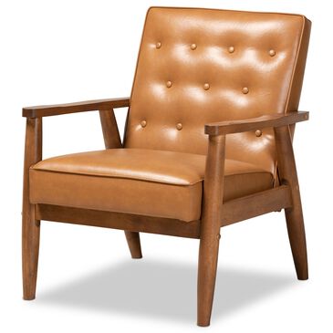 Baxton Studio Sorrento Tufted Lounge Chair in Tan and Walnut Brown, , large