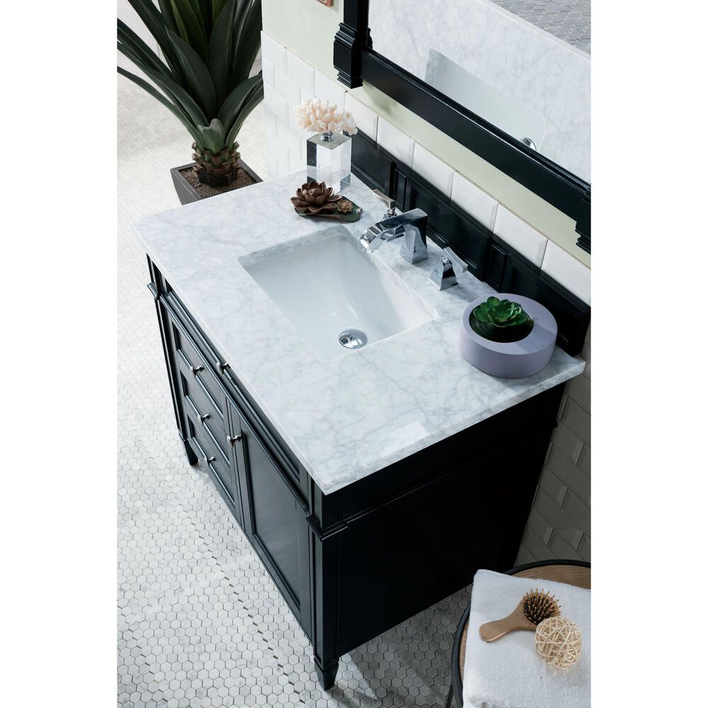 James Martin Vanities Brittany 36&quot; Single Bathroom Vanity in Black Onyx with 3 cm Carrara White Marble Top and Rectangle Sink, , large